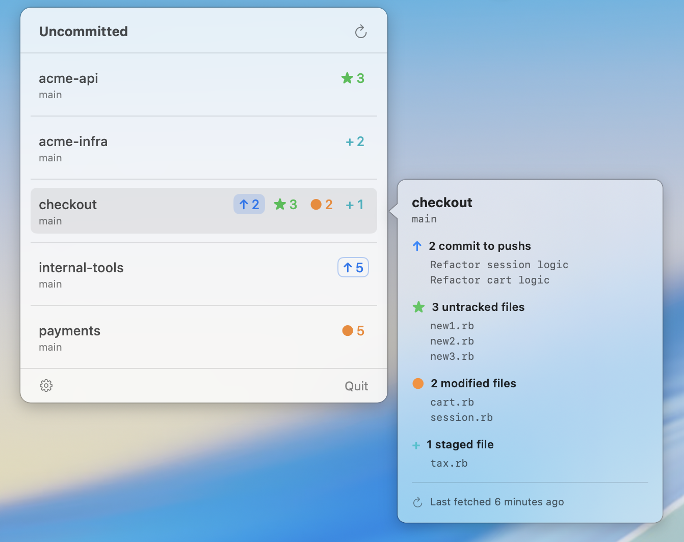 Hover detail panel listing the recent commits behind a repo's counts